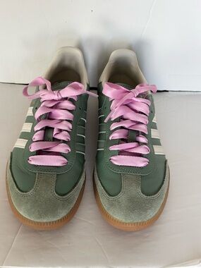 adidas ,Samba, Green Suede & Leather Sneakers with Pink Laces